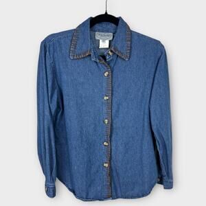 Vintage 90s Embroidered Denim Shirt Womens Small Boho Blouse